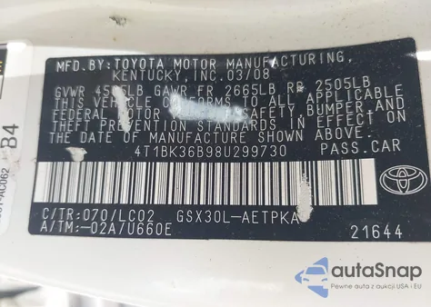 2008 Toyota Avalon Limited из США, поврежденный, VIN 4T1BK36B98U299730